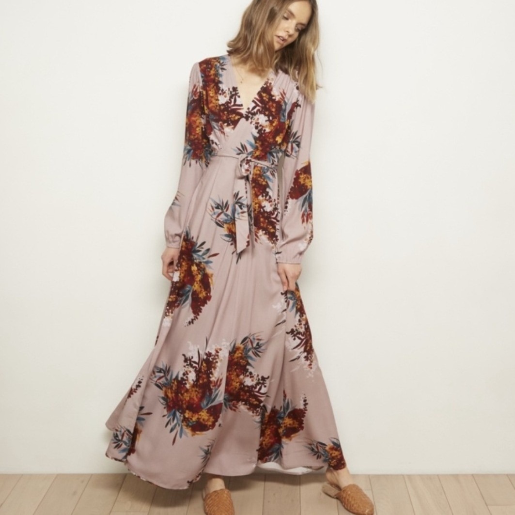 The Odells Mauve Pink Floral Wrap Maxi Dress Long Sleeve Sz S Euc